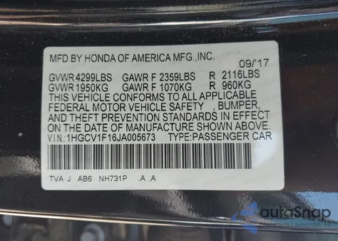 2018 Honda Accord Lx из США, поврежденный, VIN 1HGCV1F16JA005673